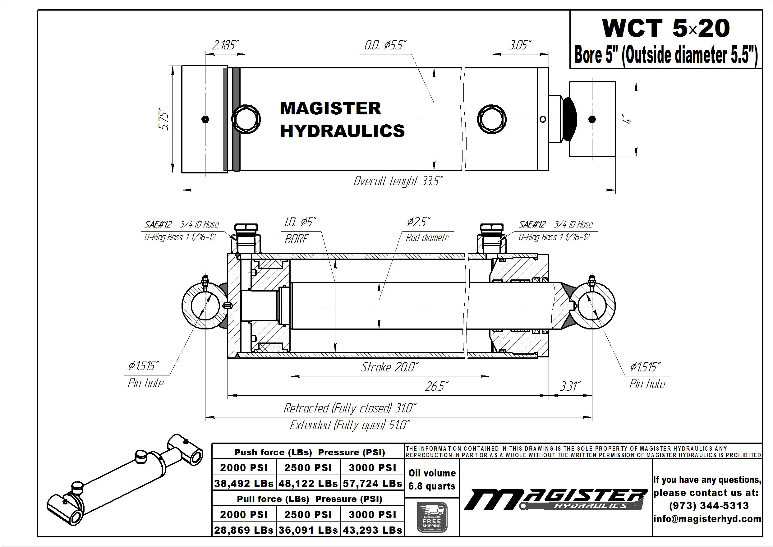 5 bore x 20 stroke hydraulic cylinder, welded cross tube double acting cylinder | Magister Hydraulics