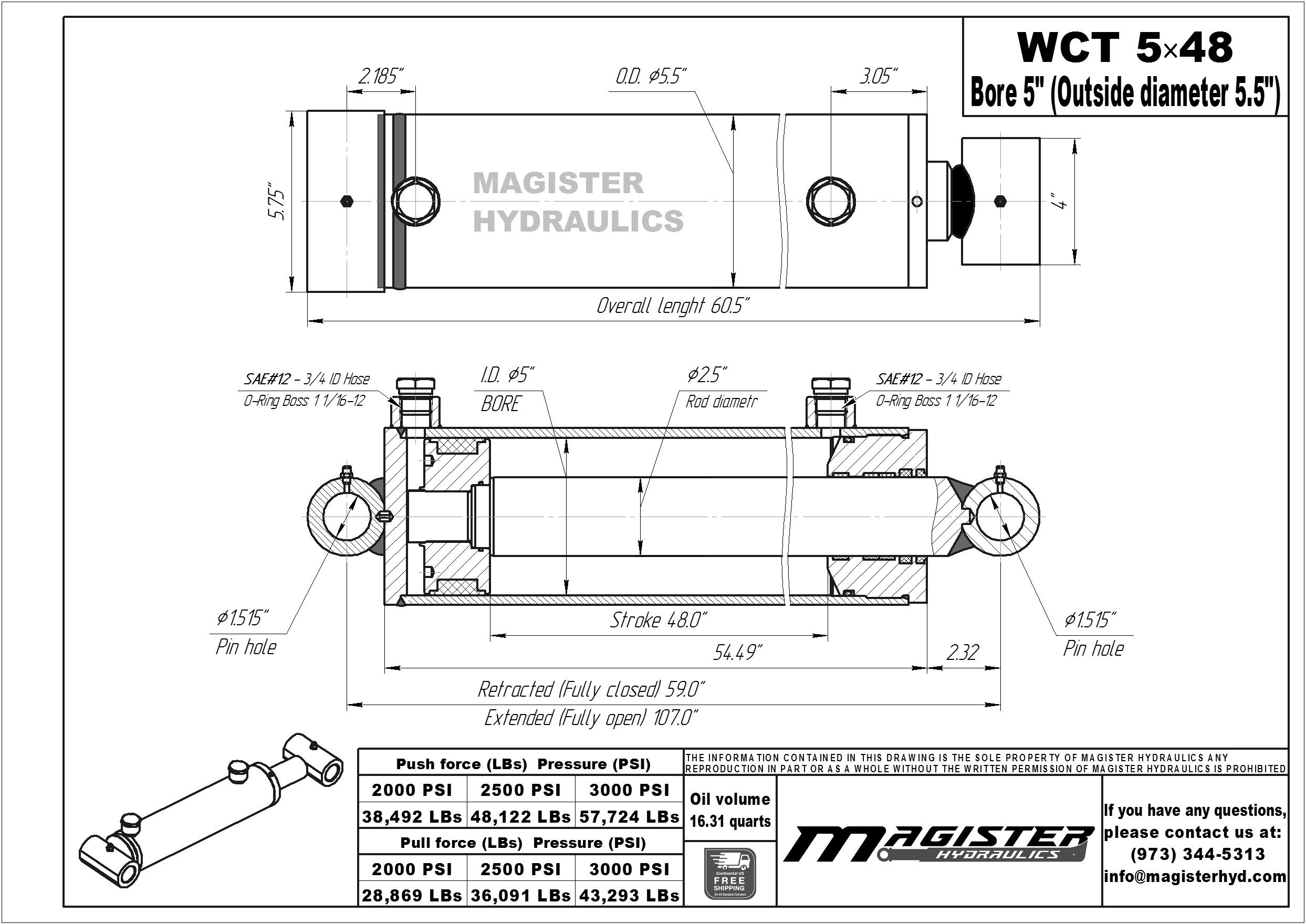 5 bore x 48 stroke hydraulic cylinder, welded cross tube double acting cylinder | Magister Hydraulics