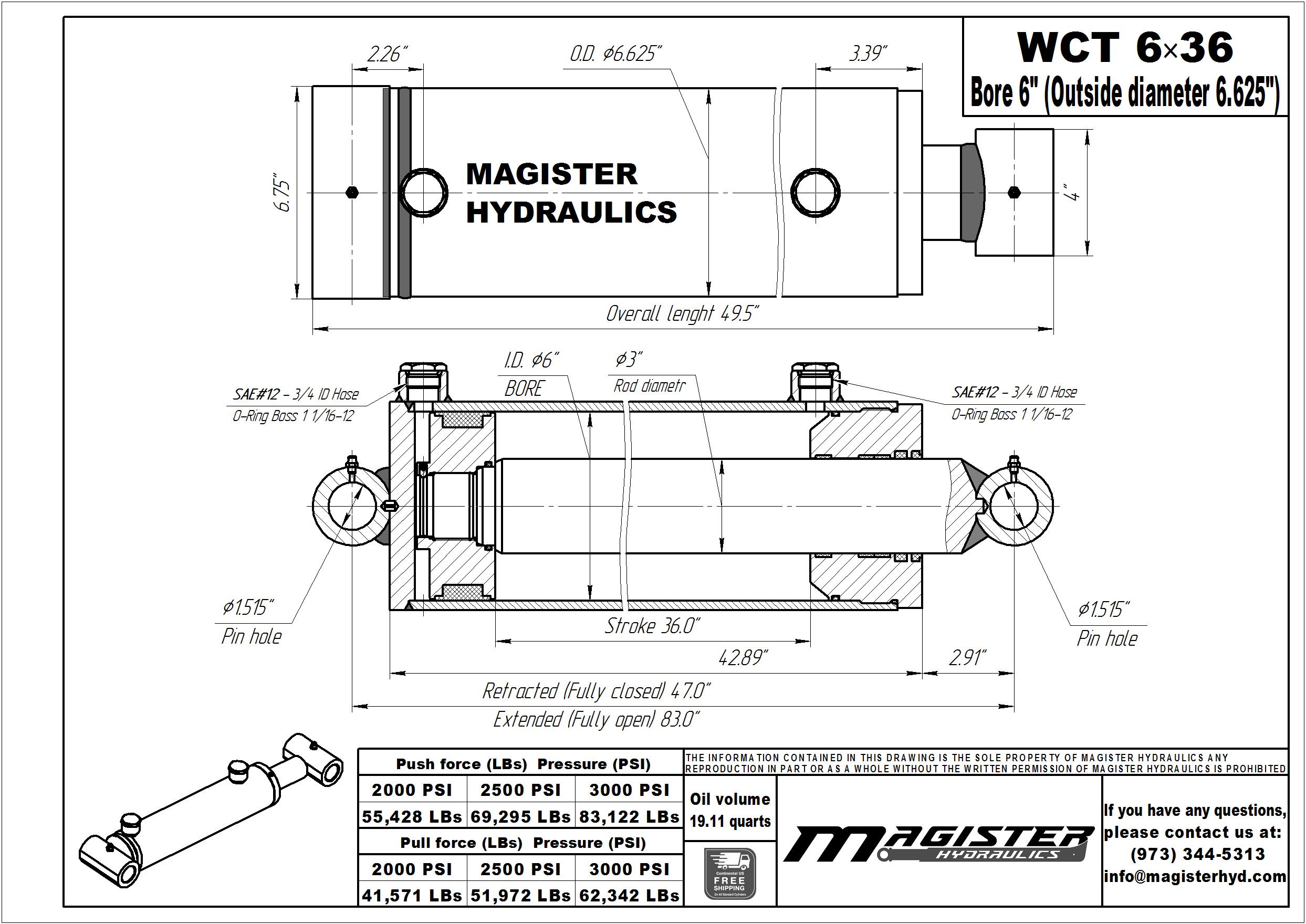 6 bore x 36 stroke hydraulic cylinder, welded cross tube double acting cylinder | Magister Hydraulics