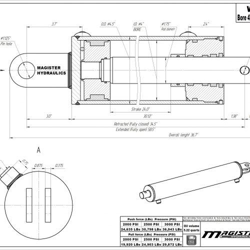 4 bore x 24 stroke hydraulic cylinder, log splitter double acting cylinder | Magister Hydraulics 4 bore x 24 stroke hydraulic cylinder, log splitter double acting cylinder | Magister Hydraulics