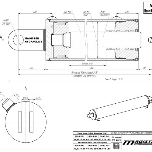 5 bore x 24 stroke hydraulic cylinder, log splitter double acting cylinder | Magister Hydraulics 5 bore x 24 stroke hydraulic cylinder, log splitter double acting cylinder | Magister Hydraulics