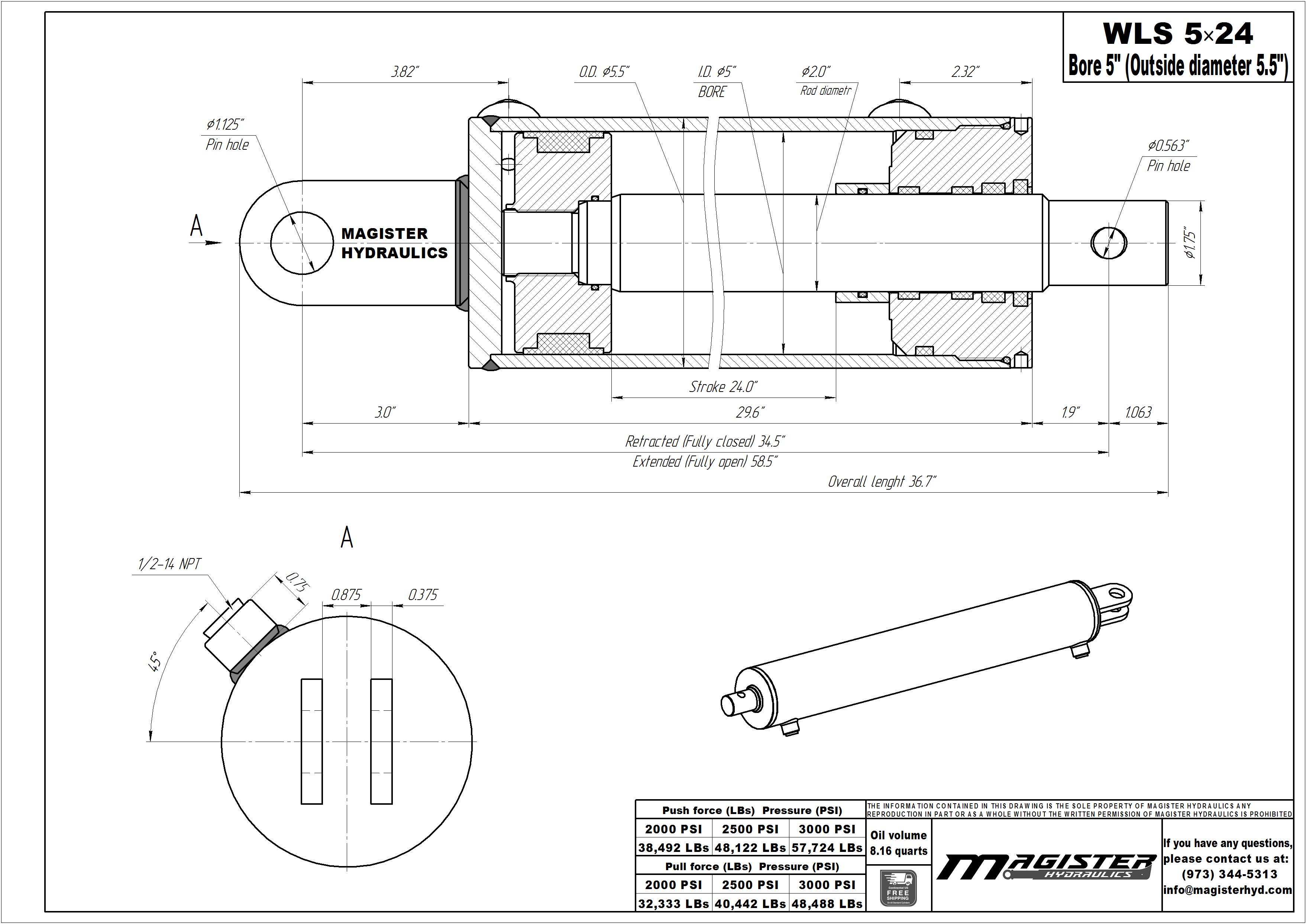 5 bore x 24 stroke hydraulic cylinder, log splitter double acting cylinder | Magister Hydraulics