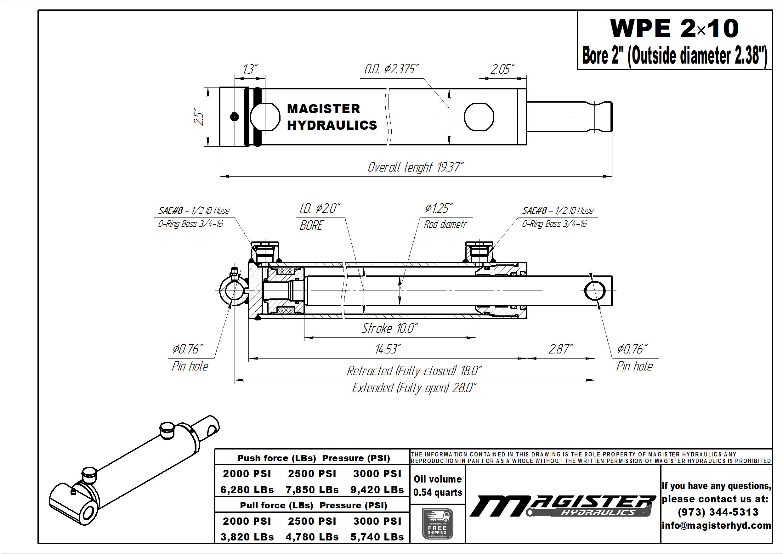 2 bore x 10 stroke hydraulic cylinder, welded pin eye double acting cylinder | Magister Hydraulics