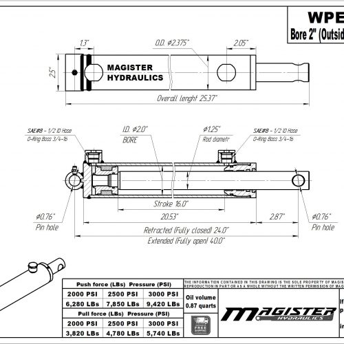 2 bore x 16 stroke hydraulic cylinder, welded pin eye double acting cylinder | Magister Hydraulics 2 bore x 16 stroke hydraulic cylinder, welded pin eye double acting cylinder | Magister Hydraulics