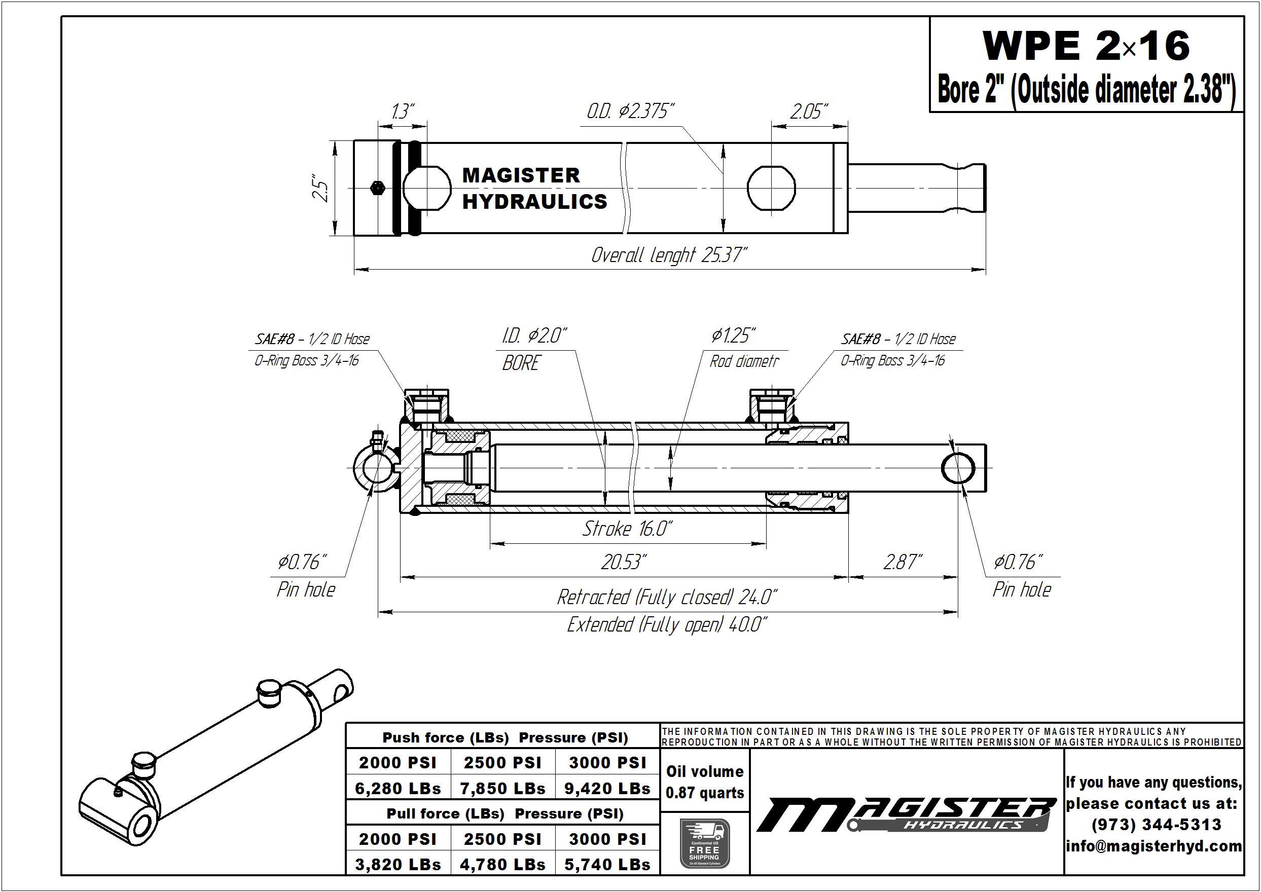 2 bore x 16 stroke hydraulic cylinder, welded pin eye double acting cylinder | Magister Hydraulics