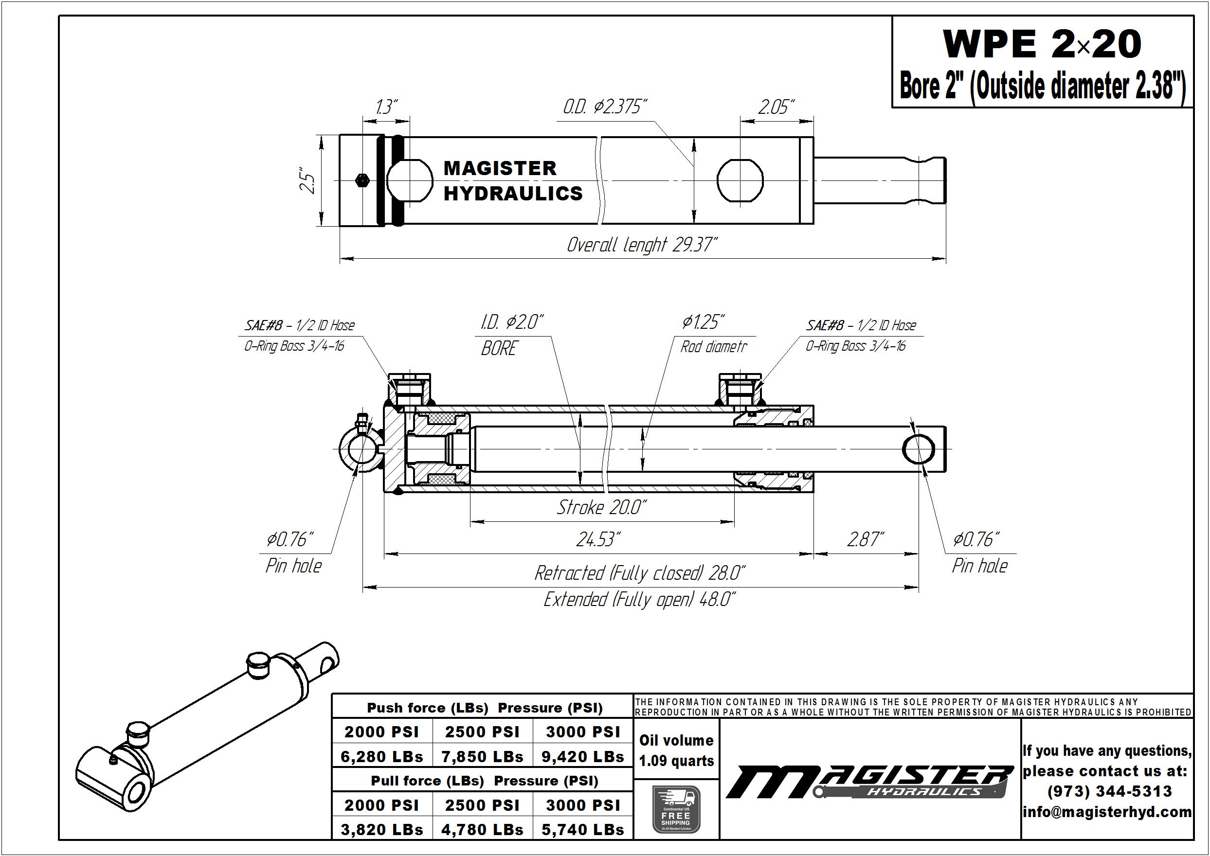 2 bore x 20 stroke hydraulic cylinder, welded pin eye double acting cylinder | Magister Hydraulics