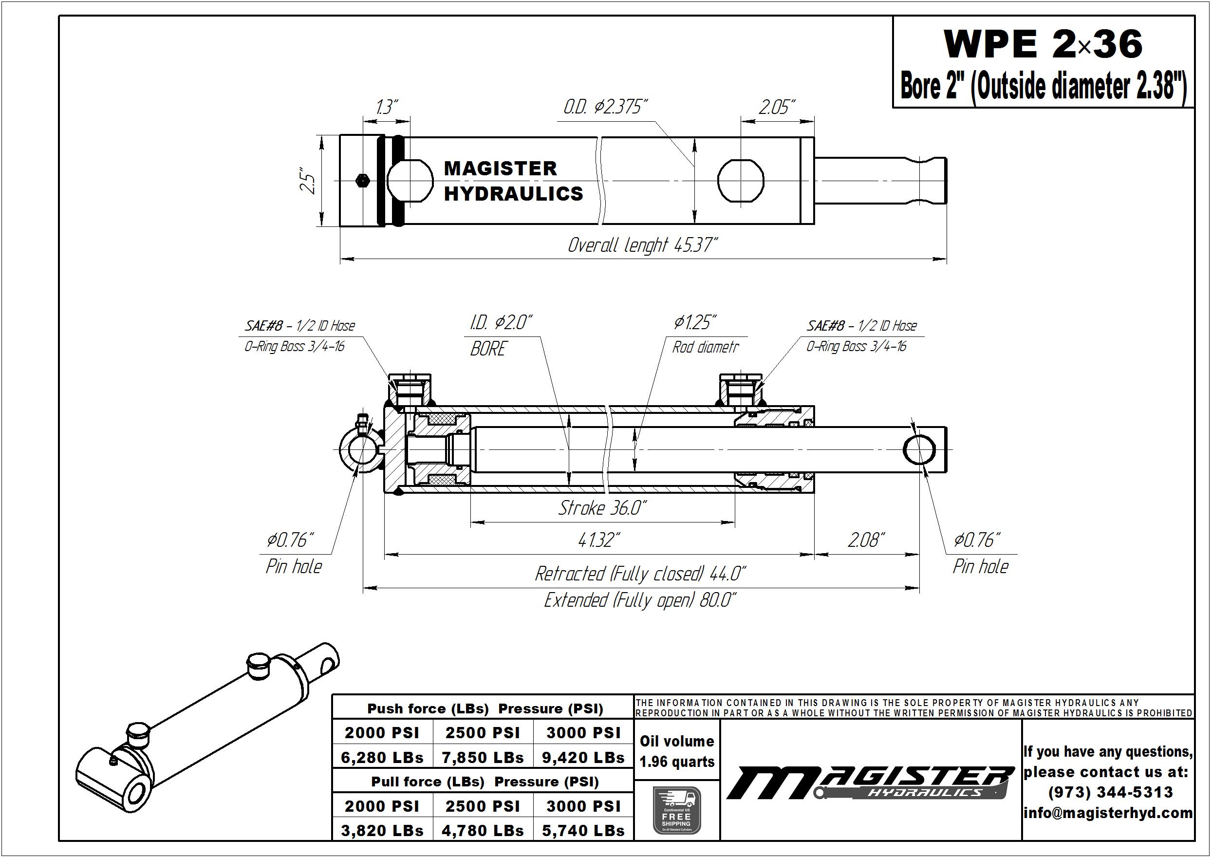 2 bore x 36 stroke hydraulic cylinder, welded pin eye double acting cylinder | Magister Hydraulics