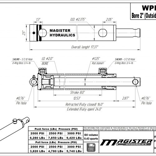 2 bore x 8 stroke hydraulic cylinder, welded pin eye double acting cylinder | Magister Hydraulics 2 bore x 8 stroke hydraulic cylinder, welded pin eye double acting cylinder | Magister Hydraulics