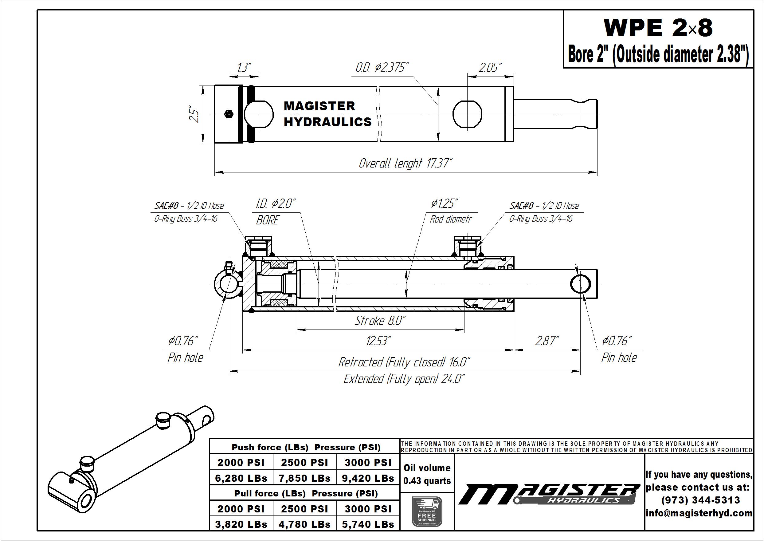 2 bore x 8 stroke hydraulic cylinder, welded pin eye double acting cylinder | Magister Hydraulics