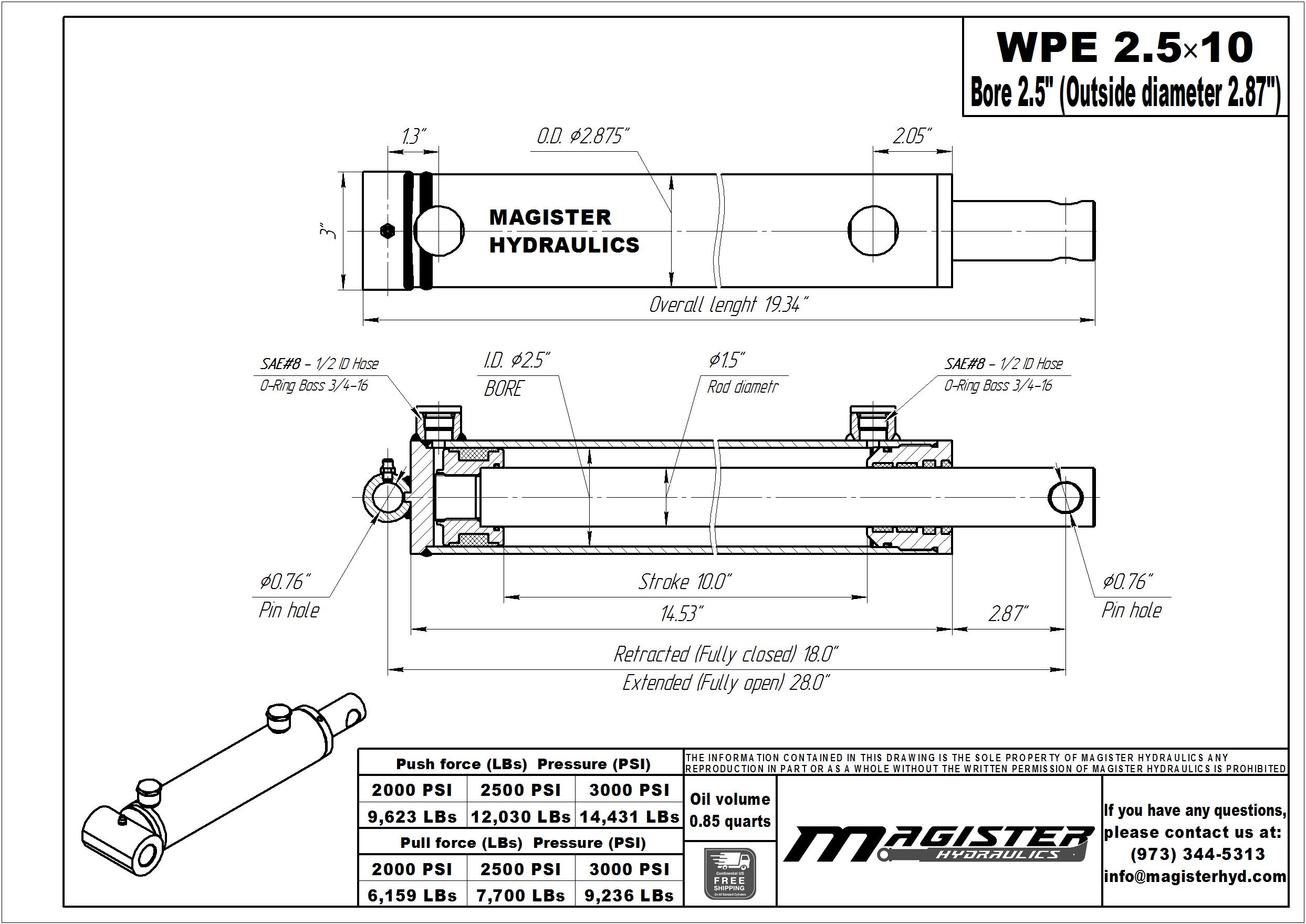 2.5 bore x 10 stroke hydraulic cylinder, welded pin eye double acting cylinder | Magister Hydraulics