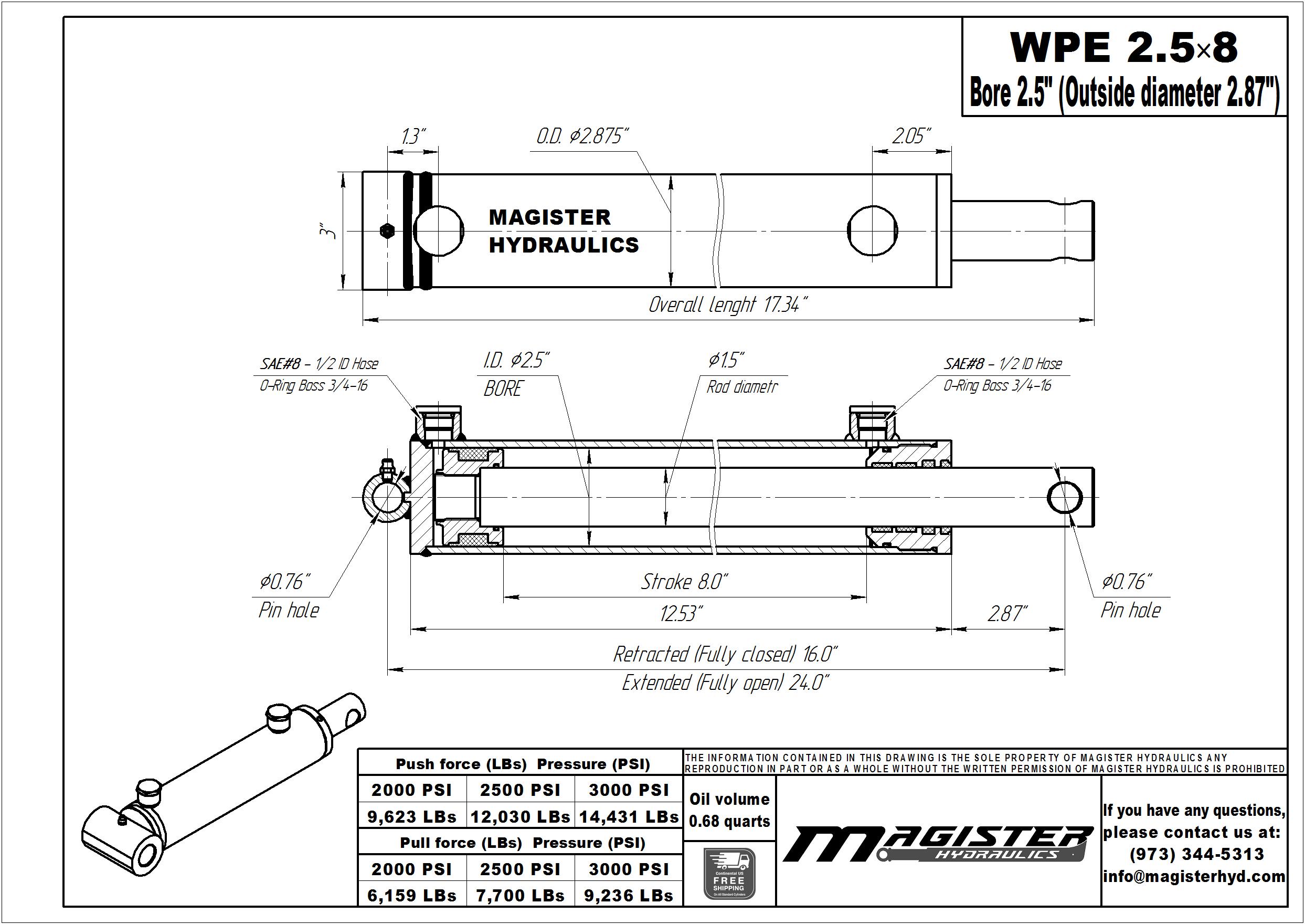2.5 bore x 8 stroke hydraulic cylinder, welded pin eye double acting cylinder | Magister Hydraulics