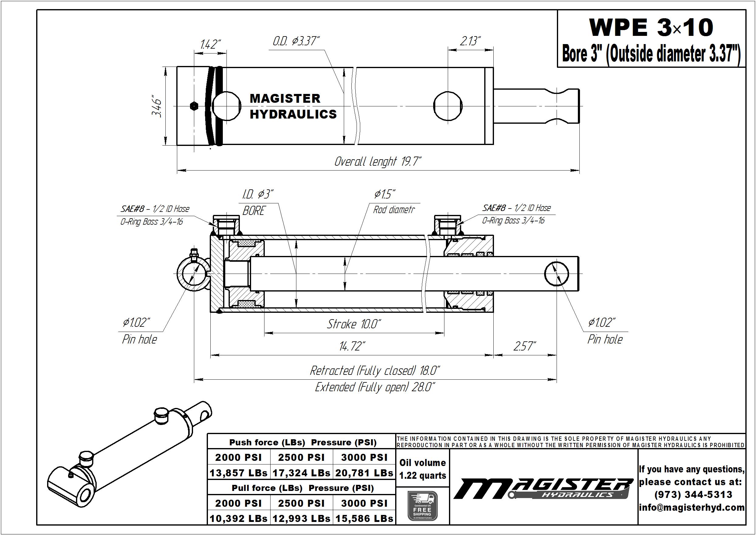 3 bore x 10 stroke hydraulic cylinder, welded pin eye double acting cylinder | Magister Hydraulics