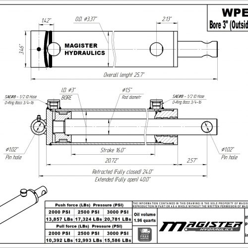 3 bore x 16 stroke hydraulic cylinder, welded pin eye double acting cylinder | Magister Hydraulics 3 bore x 16 stroke hydraulic cylinder, welded pin eye double acting cylinder | Magister Hydraulics