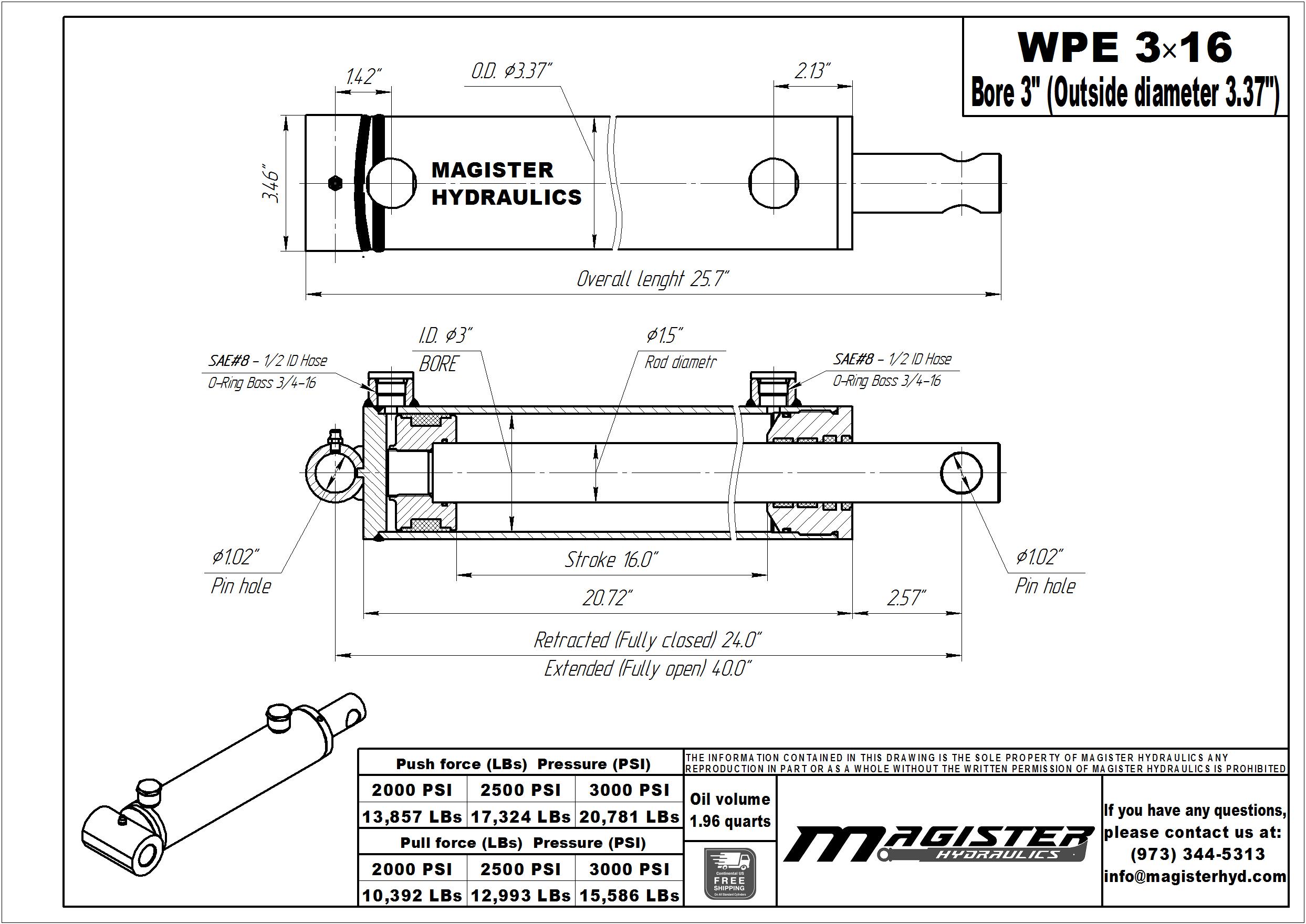 3 bore x 16 stroke hydraulic cylinder, welded pin eye double acting cylinder | Magister Hydraulics