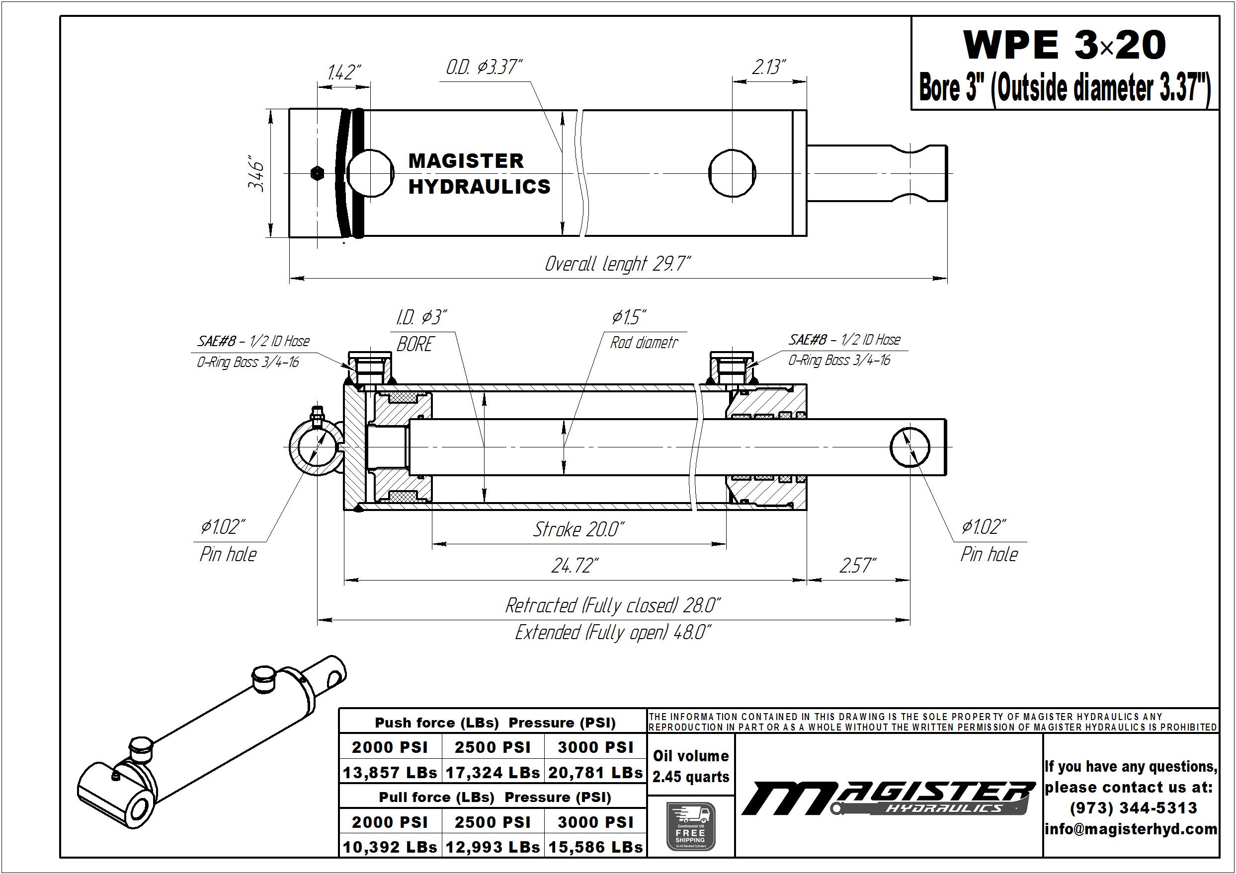 3 bore x 20 stroke hydraulic cylinder, welded pin eye double acting cylinder | Magister Hydraulics