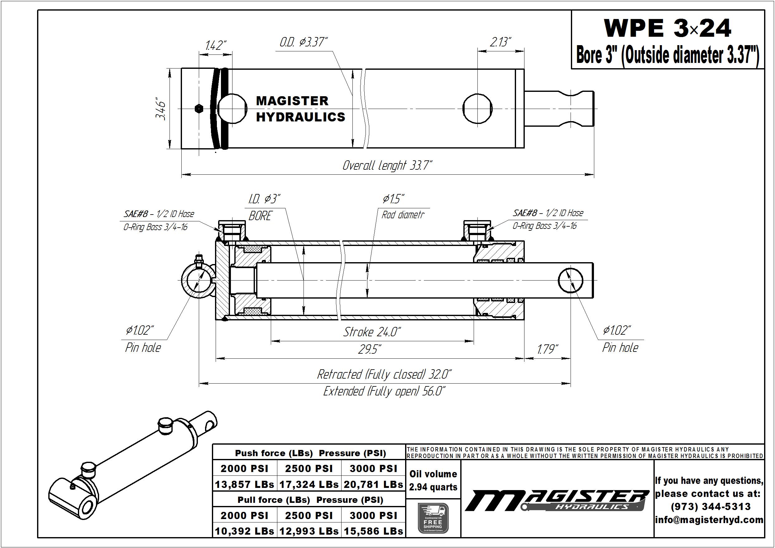 3 bore x 24 stroke hydraulic cylinder, welded pin eye double acting cylinder | Magister Hydraulics