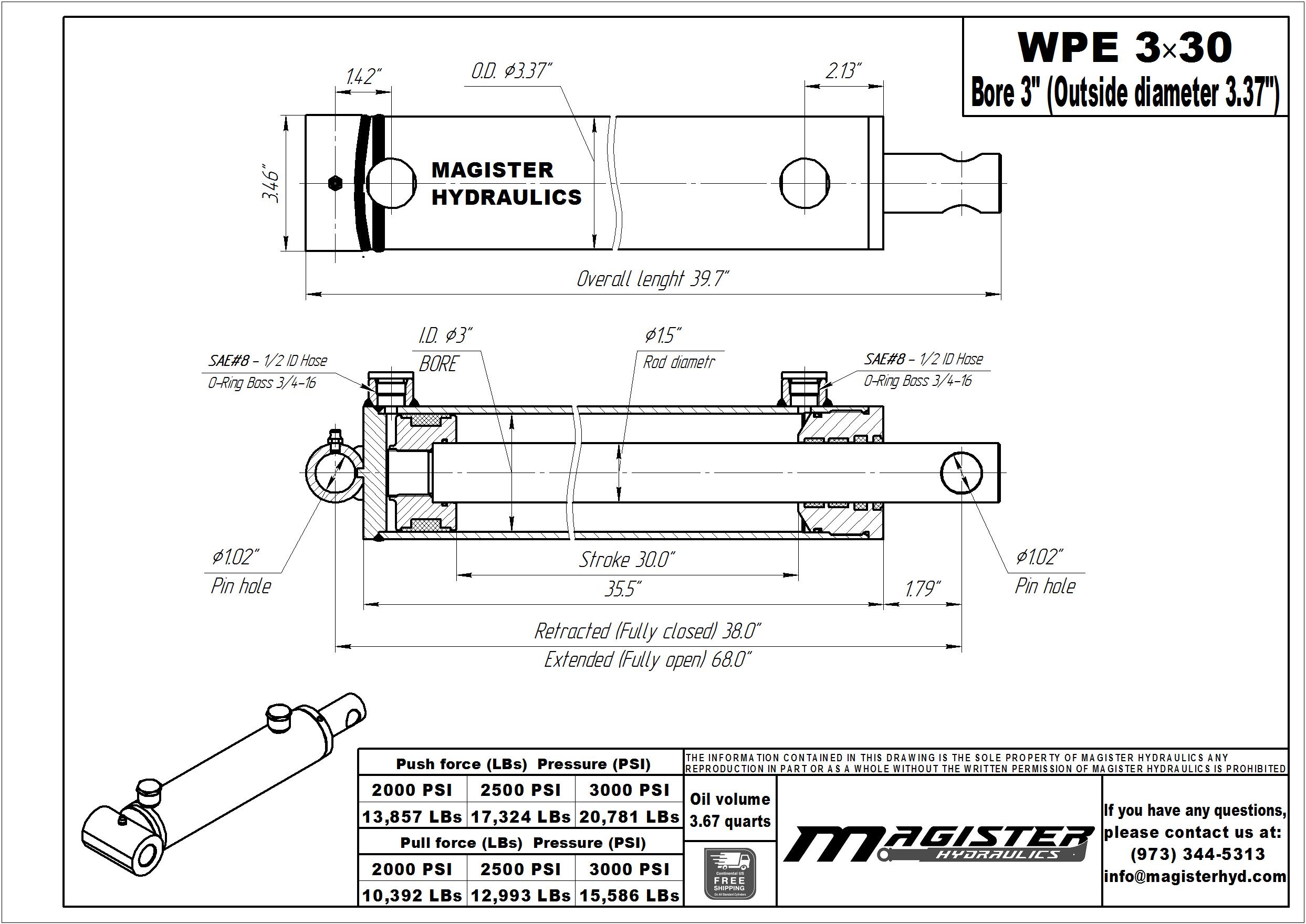 3 bore x 30 stroke hydraulic cylinder, welded pin eye double acting cylinder | Magister Hydraulics