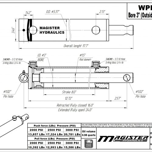 3 bore x 8 stroke hydraulic cylinder, welded pin eye double acting cylinder | Magister Hydraulics 3 bore x 8 stroke hydraulic cylinder, welded pin eye double acting cylinder | Magister Hydraulics
