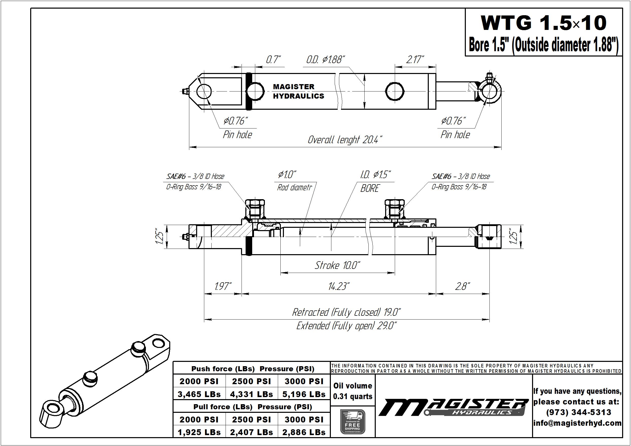 1.5 bore x 10 stroke hydraulic cylinder, welded tang double acting cylinder | Magister Hydraulics