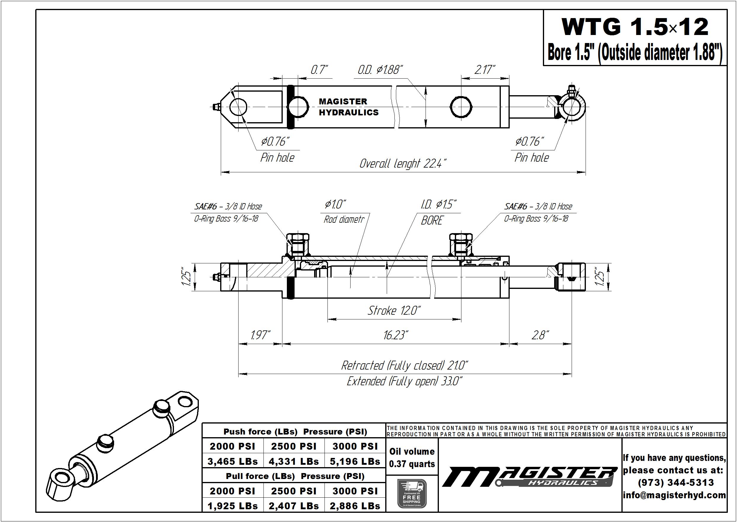 1.5 bore x 12 stroke hydraulic cylinder, welded tang double acting cylinder | Magister Hydraulics