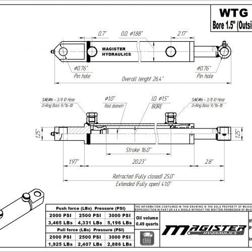 1.5 bore x 16 stroke hydraulic cylinder, welded tang double acting cylinder | Magister Hydraulics 1.5 bore x 16 stroke hydraulic cylinder, welded tang double acting cylinder | Magister Hydraulics