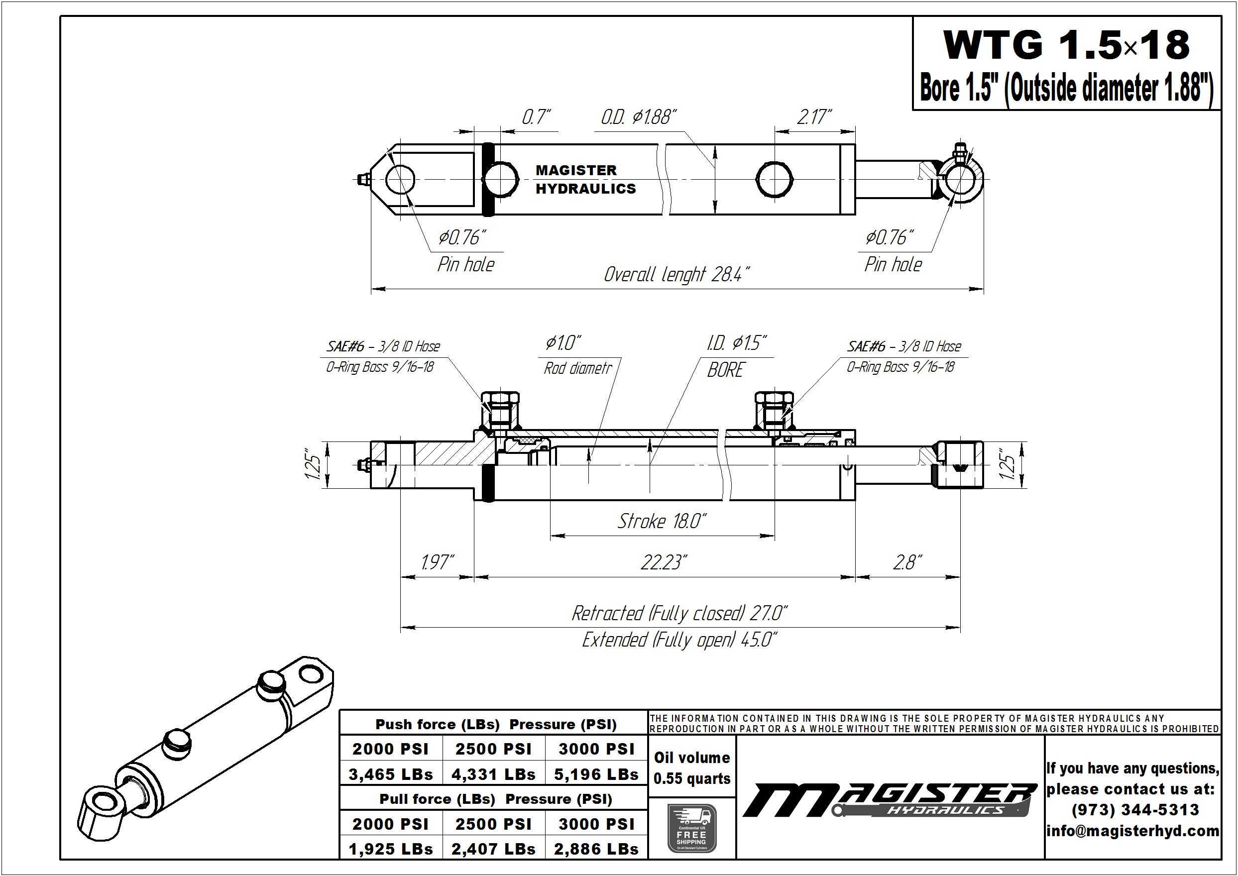 1.5 bore x 18 stroke hydraulic cylinder, welded tang double acting cylinder | Magister Hydraulics