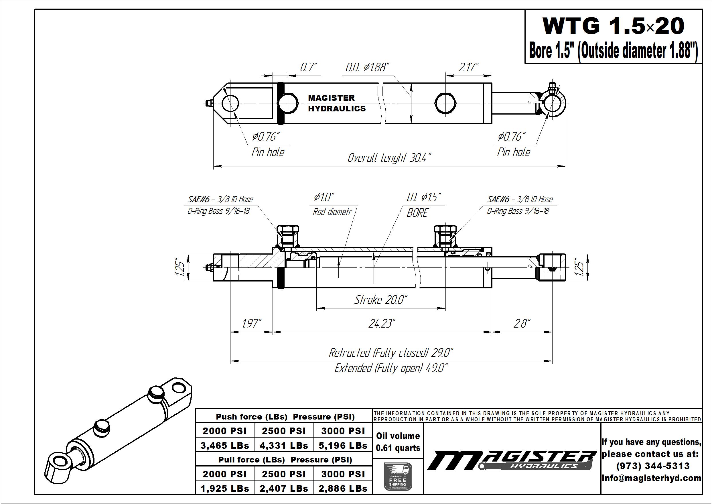 1.5 bore x 20 stroke hydraulic cylinder, welded tang double acting cylinder | Magister Hydraulics