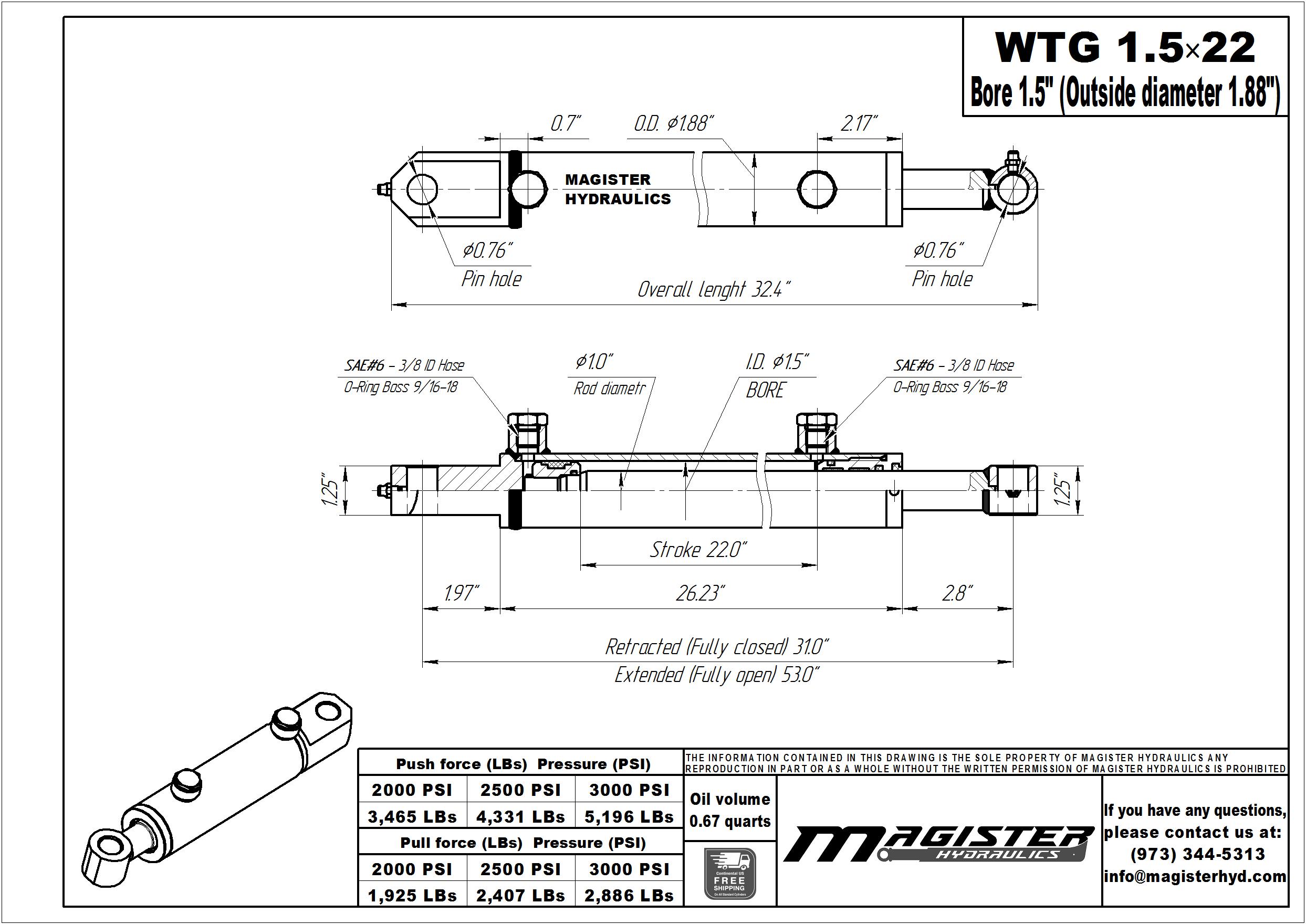 1.5 bore x 22 stroke hydraulic cylinder, welded tang double acting cylinder | Magister Hydraulics