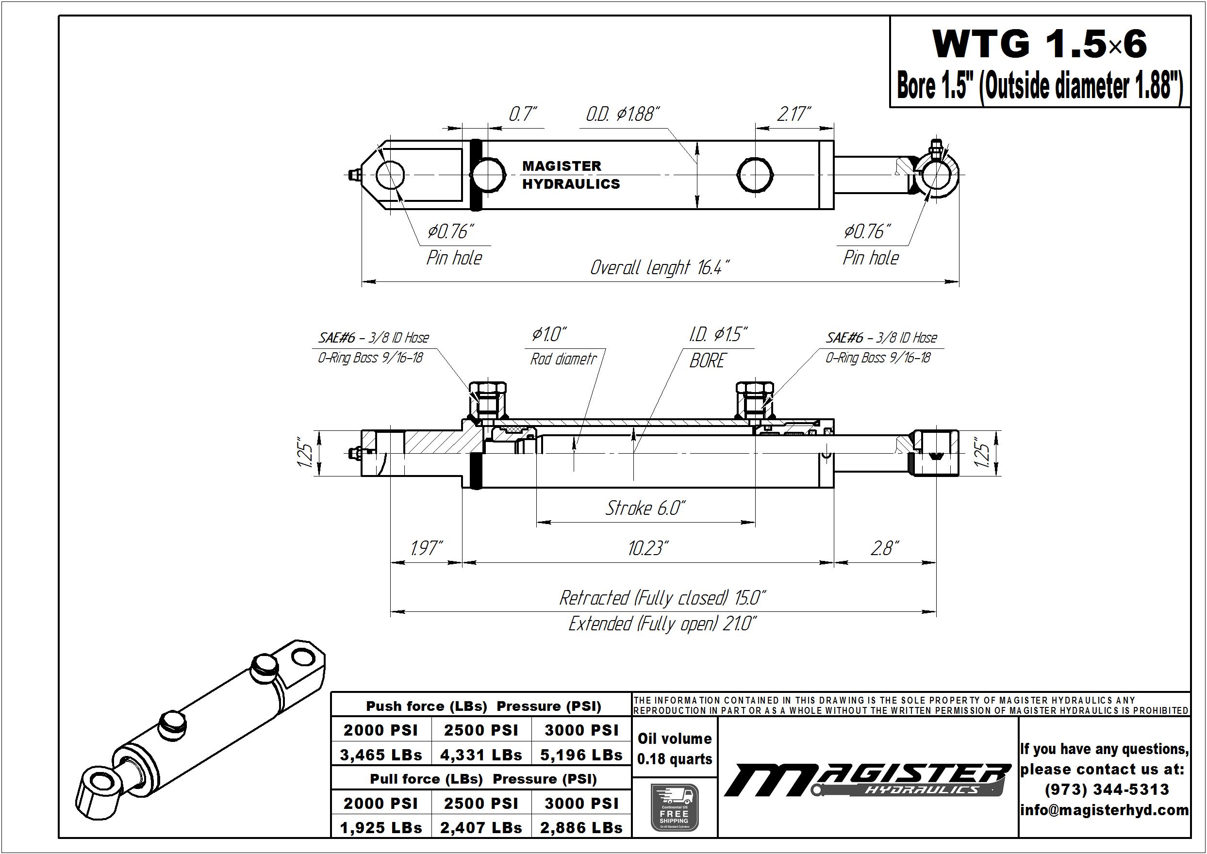 1.5 bore x 6 stroke hydraulic cylinder, welded tang double acting cylinder | Magister Hydraulics