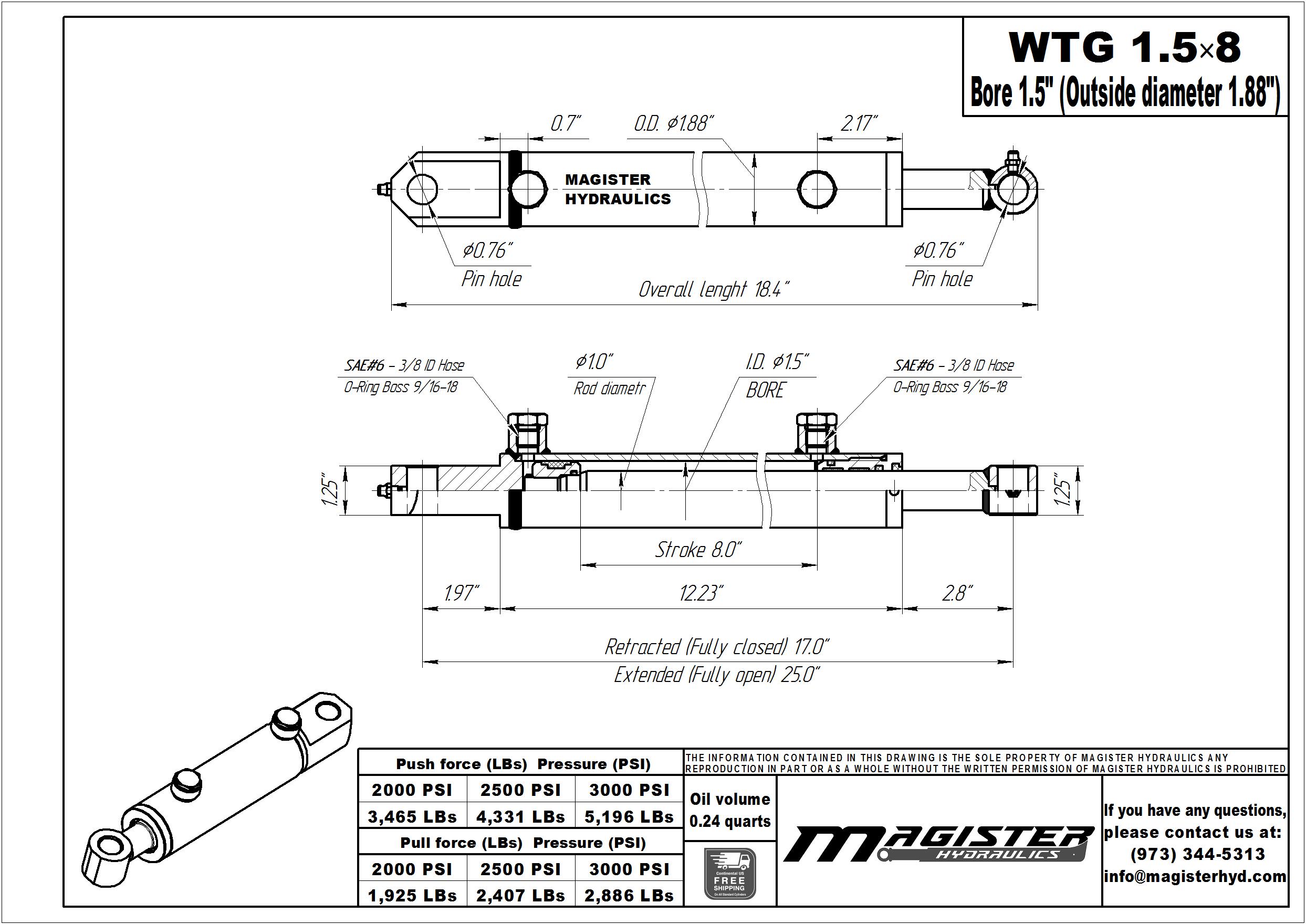 1.5 bore x 8 stroke hydraulic cylinder, welded tang double acting cylinder | Magister Hydraulics