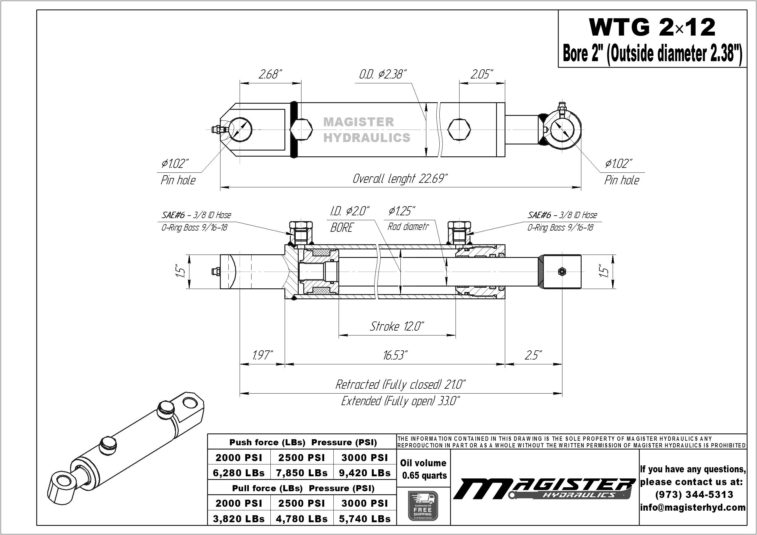 2 bore x 12 stroke hydraulic cylinder, welded tang double acting cylinder | Magister Hydraulics