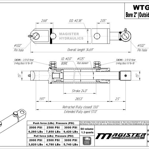 2 bore x 24 stroke hydraulic cylinder, welded tang double acting cylinder | Magister Hydraulics 2 bore x 24 stroke hydraulic cylinder, welded tang double acting cylinder | Magister Hydraulics