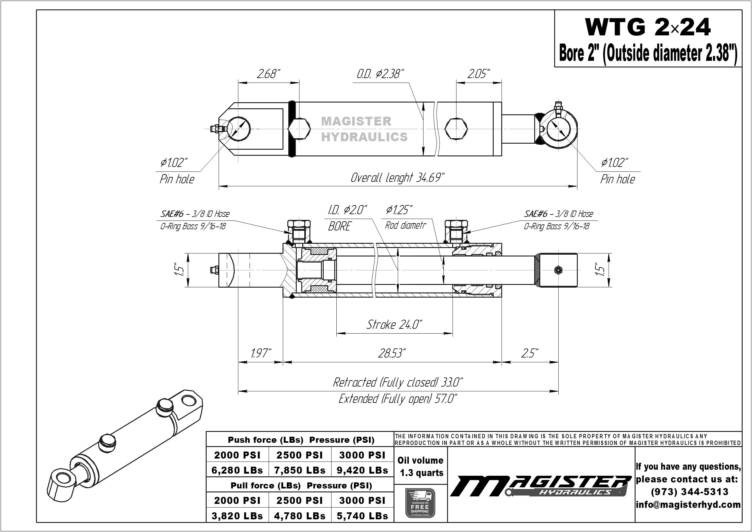 Hydraulic Cylinder Welded Double Acting 2" Bore 24" Stroke Tang 2x24 WTG for sale online 
