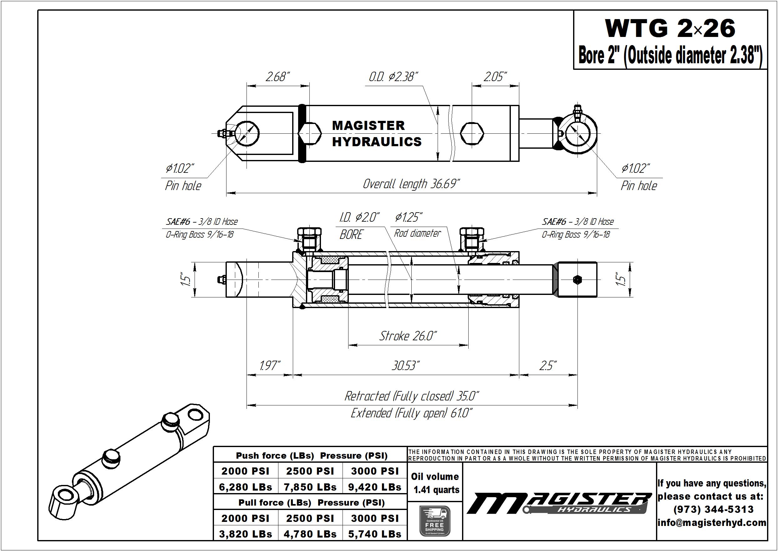 2 bore x 26 stroke hydraulic cylinder, welded tang double acting cylinder | Magister Hydraulics