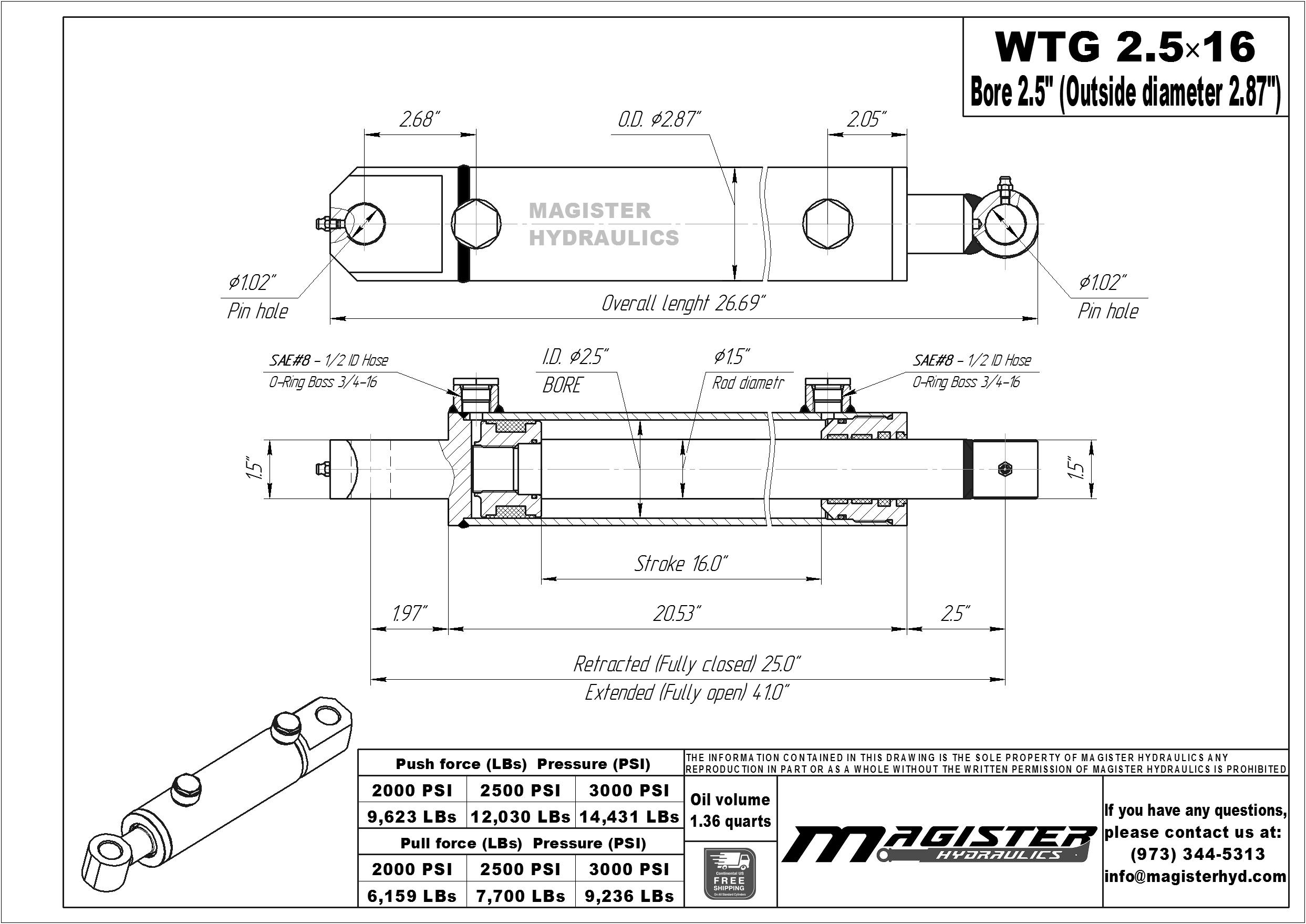 2.5 bore x 16 stroke hydraulic cylinder, welded tang double acting cylinder | Magister Hydraulics