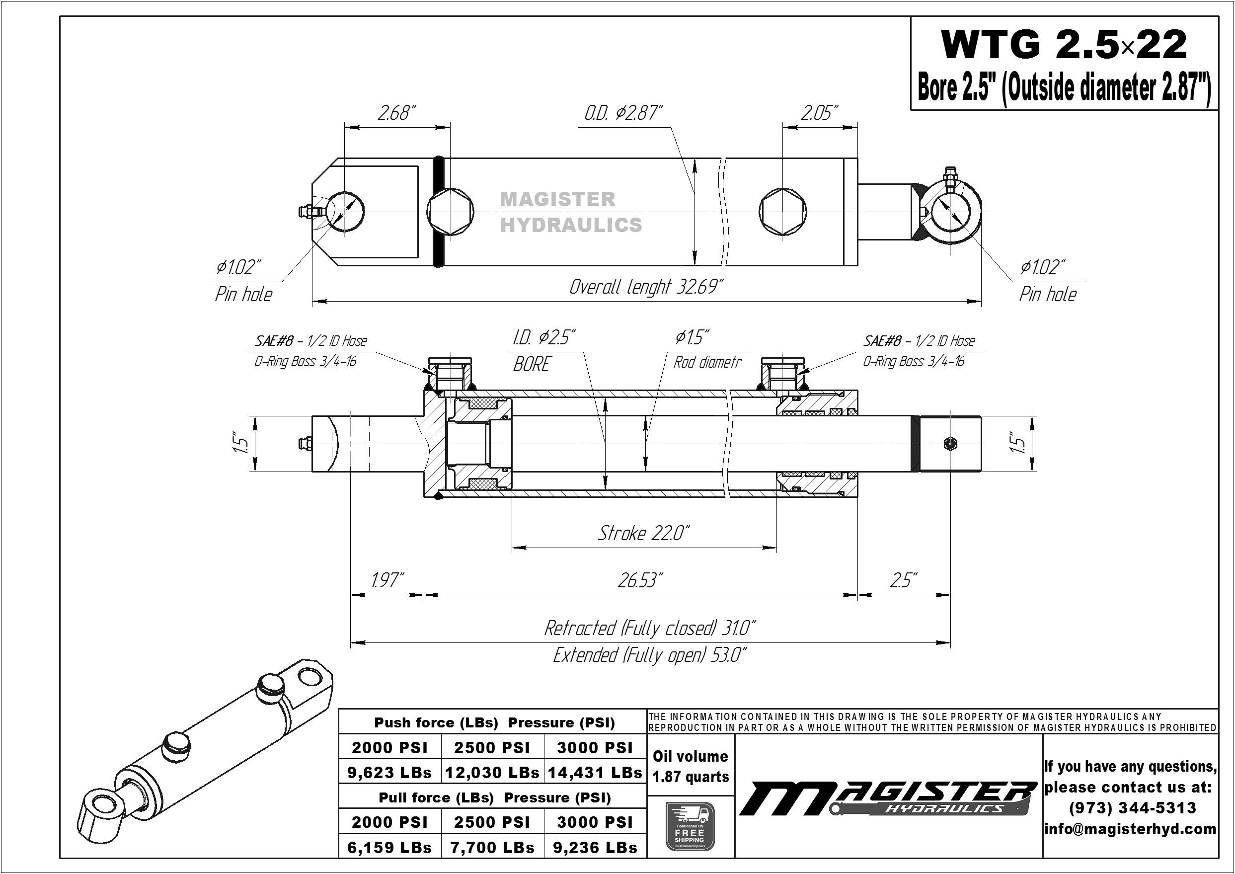 2.5 bore x 22 stroke hydraulic cylinder, welded tang double acting cylinder | Magister Hydraulics