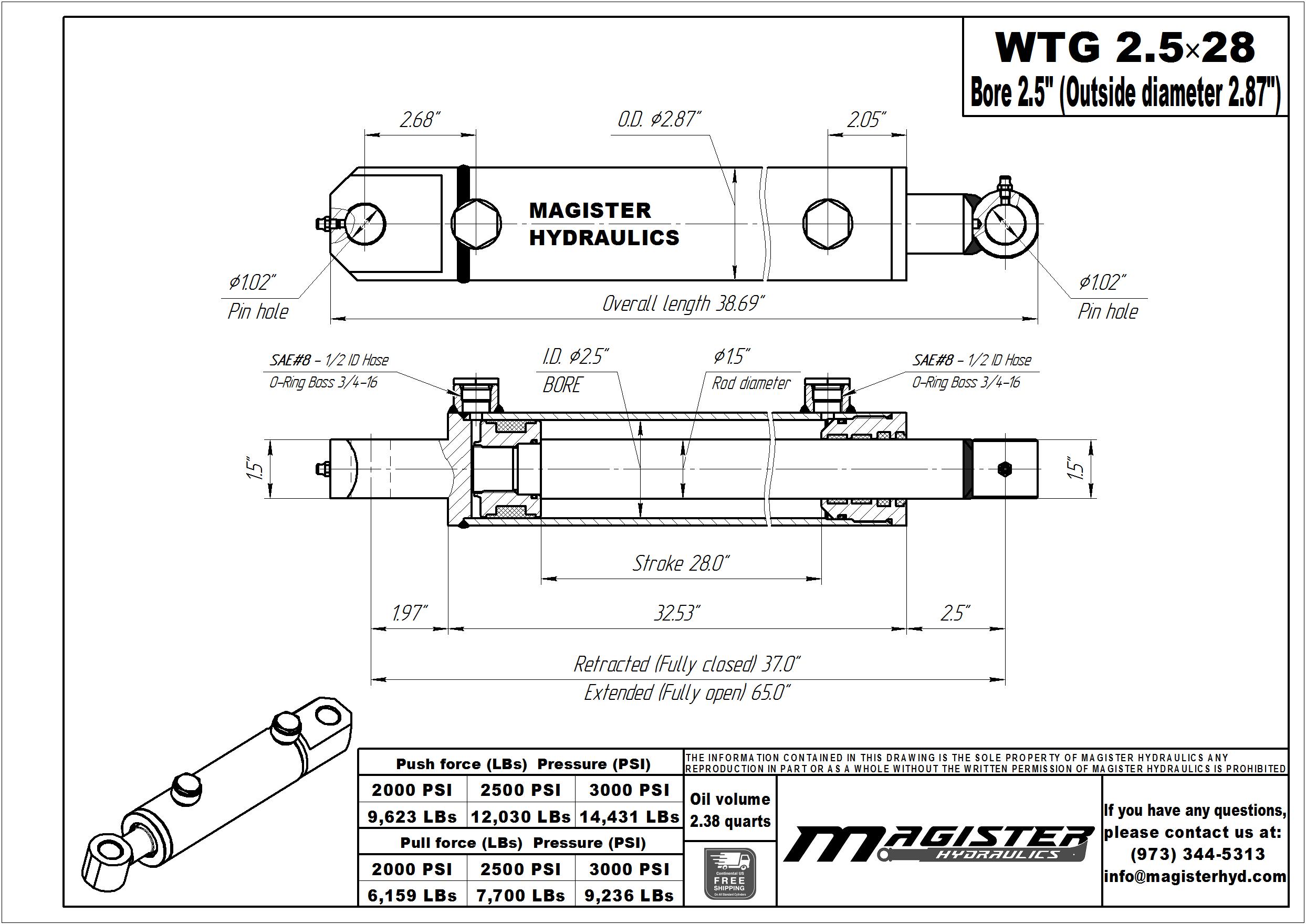 2.5 bore x 28 stroke hydraulic cylinder, welded tang double acting cylinder | Magister Hydraulics
