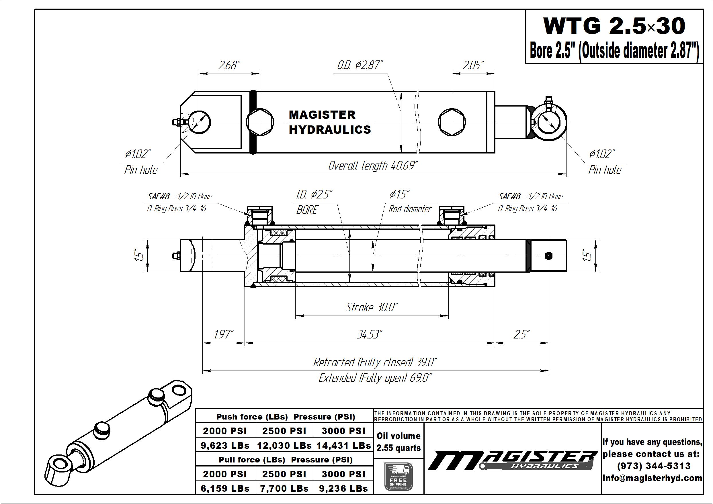 2.5 bore x 30 stroke hydraulic cylinder, welded tang double acting cylinder | Magister Hydraulics