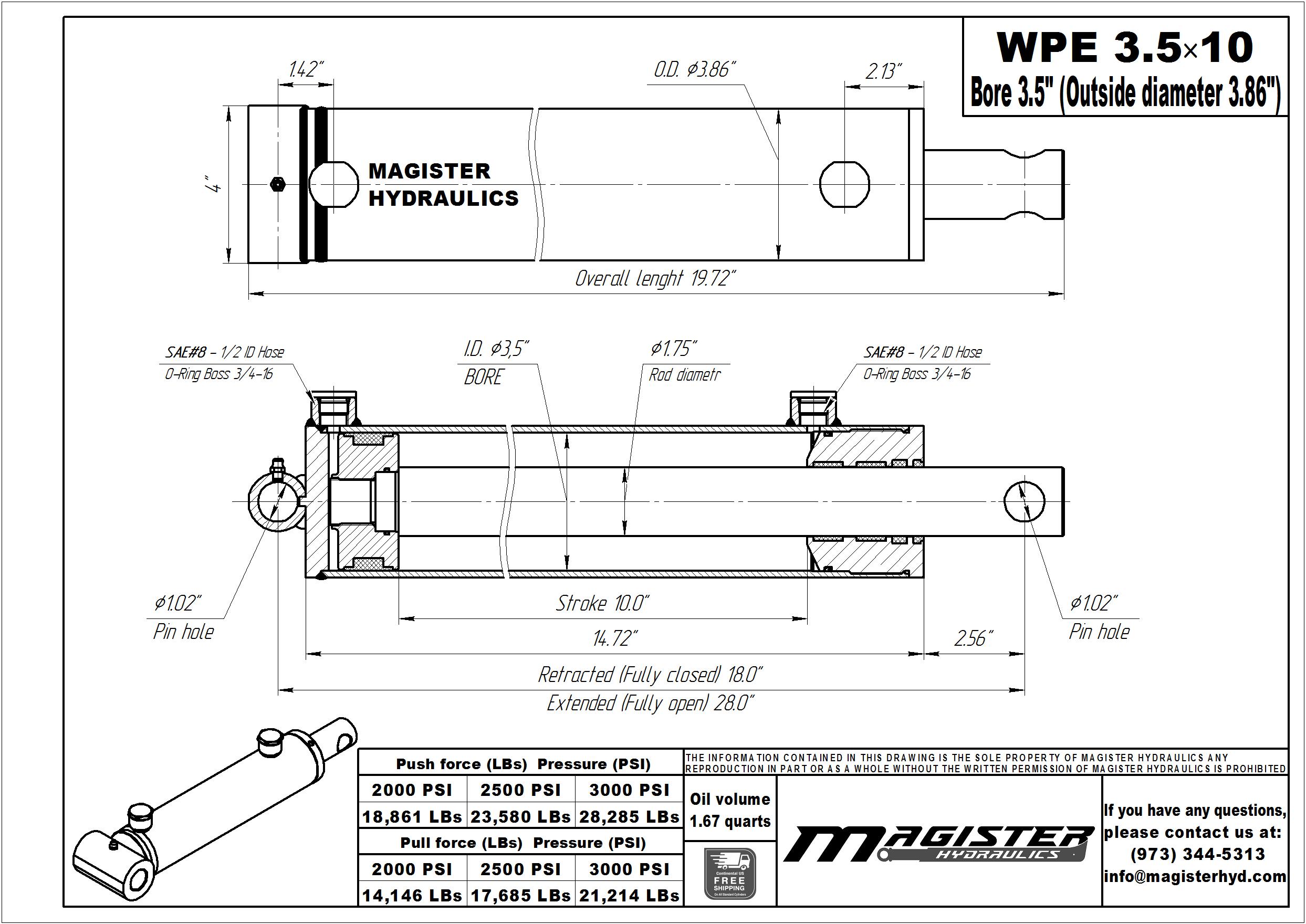 3.5 bore x 10 stroke hydraulic cylinder, welded pin eye double acting cylinder | Magister Hydraulics