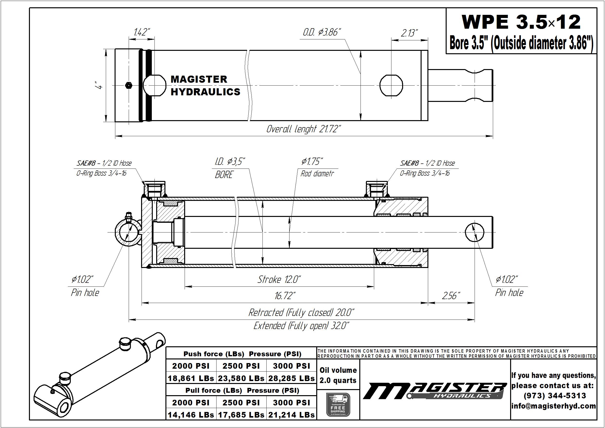 3.5 bore x 12 stroke hydraulic cylinder, welded pin eye double acting cylinder | Magister Hydraulics