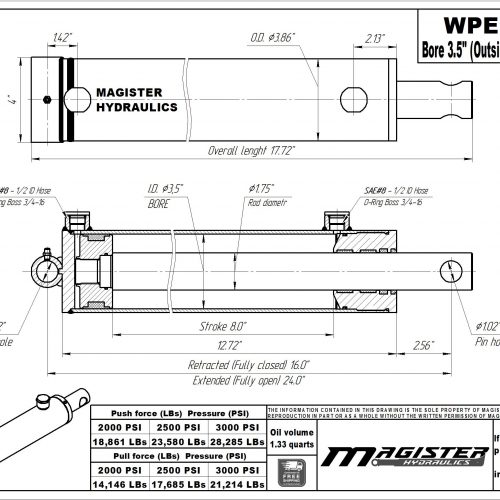 3.5 bore x 8 stroke hydraulic cylinder, welded pin eye double acting cylinder | Magister Hydraulics 3.5 bore x 8 stroke hydraulic cylinder, welded pin eye double acting cylinder | Magister Hydraulics