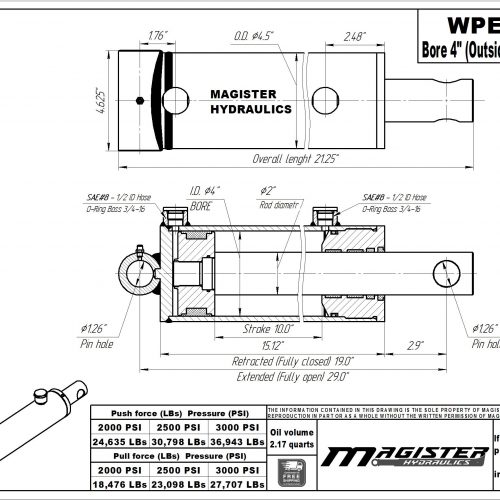 4 bore x 10 stroke hydraulic cylinder, welded pin eye double acting cylinder | Magister Hydraulics 4 bore x 10 stroke hydraulic cylinder, welded pin eye double acting cylinder | Magister Hydraulics