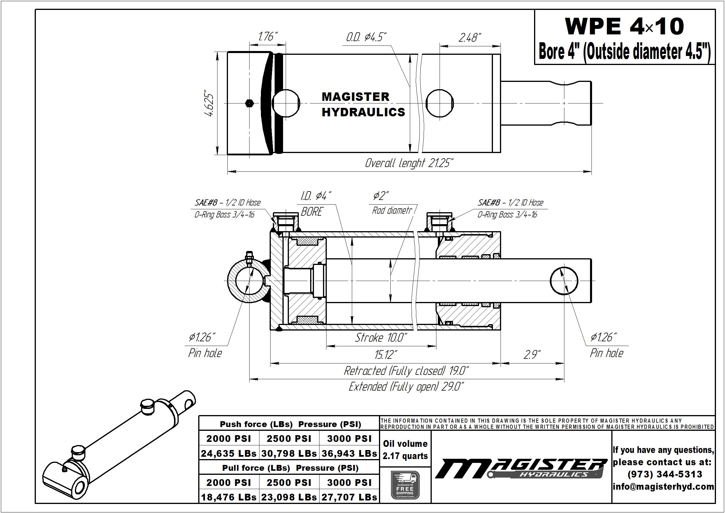 4 bore x 10 stroke hydraulic cylinder, welded pin eye double acting cylinder | Magister Hydraulics