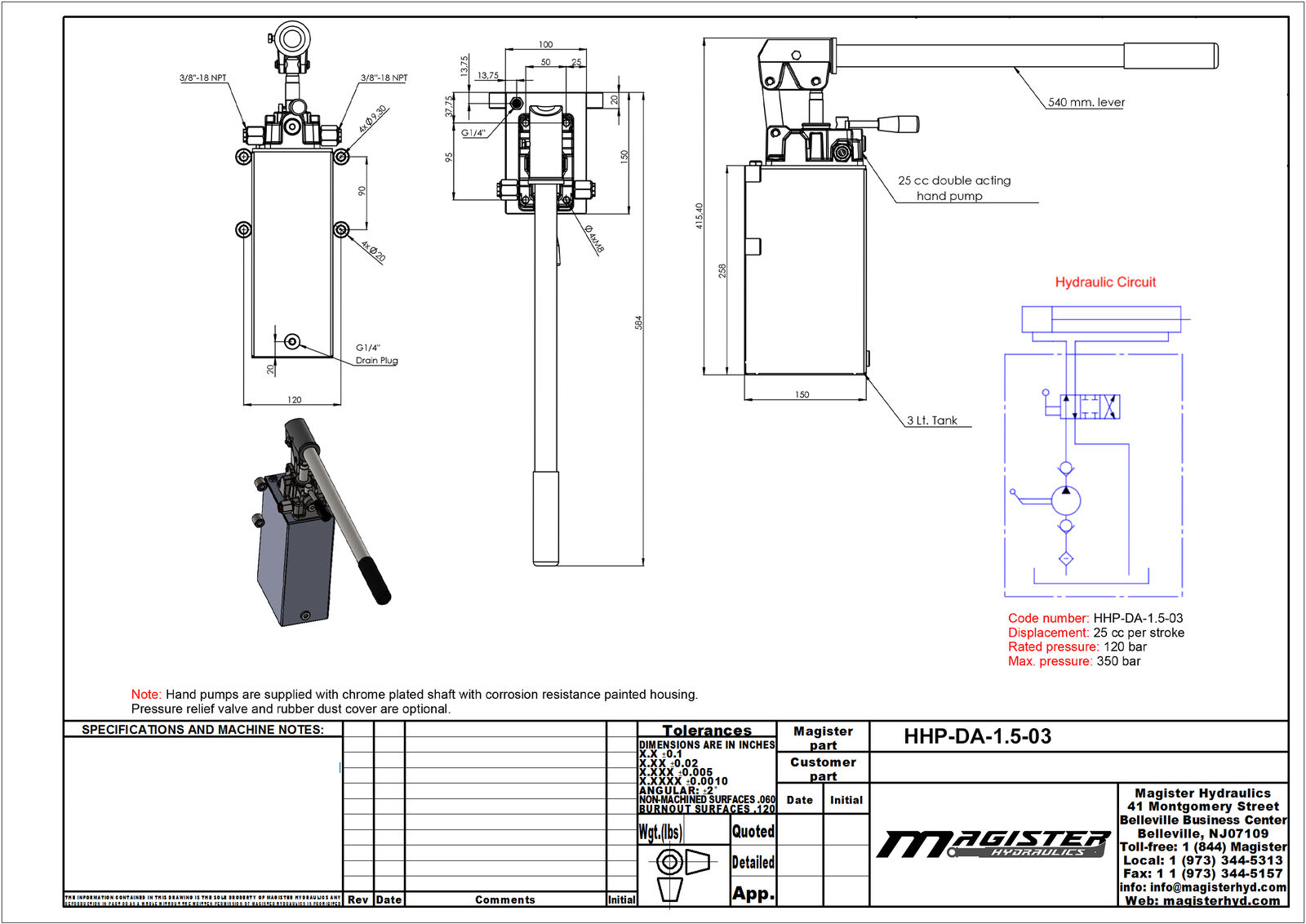 Hydraulic Hand Pump DA 1.5 CID diagram