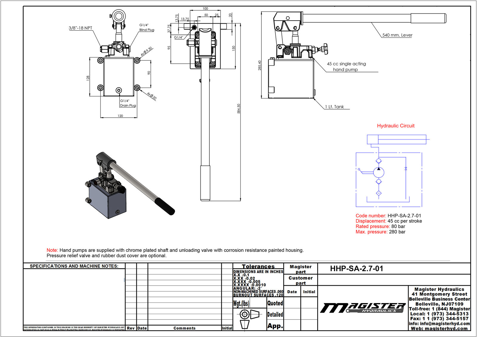 Hydraulic Hand Pump Single Acting 2.7 CID diagram