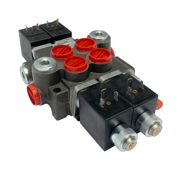 2 spool x 13 GPM solenoid hydraulic control valve, monoblock cast iron valve | Magister Hydraulics 2 spool x 13 GPM solenoid hydraulic control valve, monoblock cast iron valve | Magister Hydraulics
