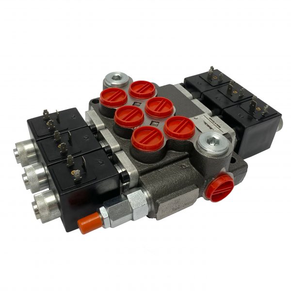 3 spool x 13 GPM solenoid hydraulic control valve, monoblock cast iron valve | Magister Hydraulics 3 spool x 13 GPM solenoid hydraulic control valve, monoblock cast iron valve | Magister Hydraulics