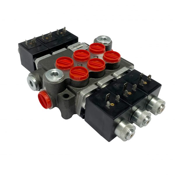 3 spool x 13 GPM solenoid hydraulic control valve, monoblock cast iron valve | Magister Hydraulics 3 spool x 13 GPM solenoid hydraulic control valve, monoblock cast iron valve | Magister Hydraulics