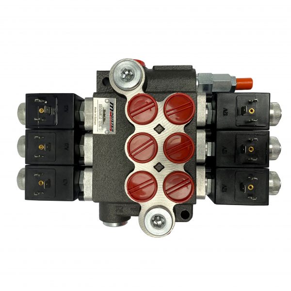 3 spool x 13 GPM solenoid hydraulic control valve, monoblock cast iron valve | Magister Hydraulics 3 spool x 13 GPM solenoid hydraulic control valve, monoblock cast iron valve | Magister Hydraulics