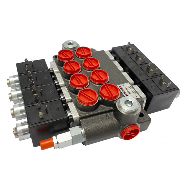 4 spool x 13 GPM solenoid hydraulic control valve, monoblock cast iron valve | Magister Hydraulics 4 spool x 13 GPM solenoid hydraulic control valve, monoblock cast iron valve | Magister Hydraulics